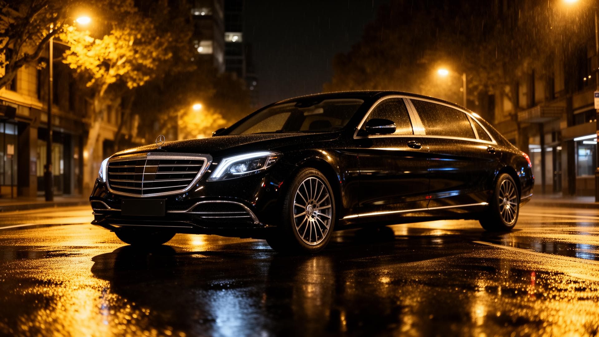Luxury black Mercedes chauffeur car on Melbourne street at night